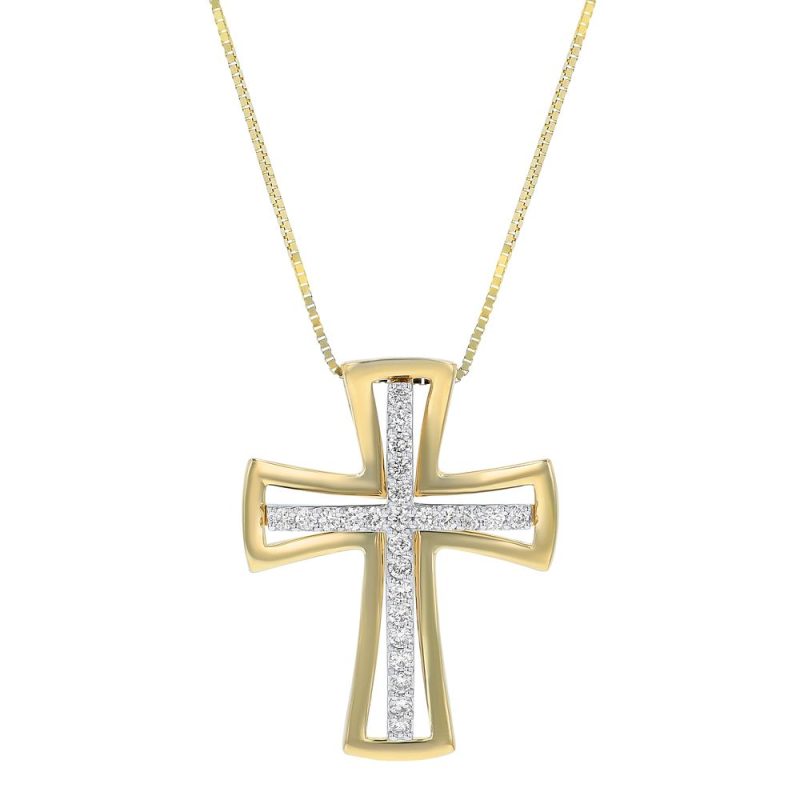 14K Two Tone Gold 0.30 carat Diamonds Framed Cross Pendant
