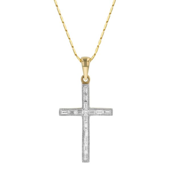 14K Yellow Gold 0.35 carat Baguette and Princess Diamonds Cross Pendant