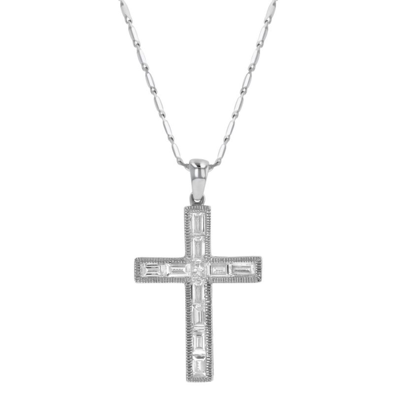 14K White Gold 0.75 carat Baguette and Princess Diamonds Cross Pendant