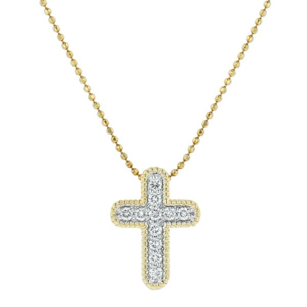 14K Yellow Gold 0.25 carat Diamonds dainty Textured Cross Pendant