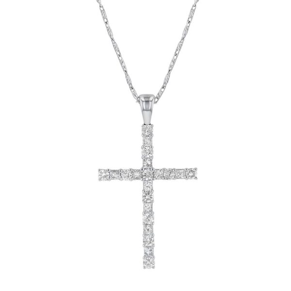 14K White Gold 0.75 carat Princess and Round Diamonds Straight Line Cross Pendant