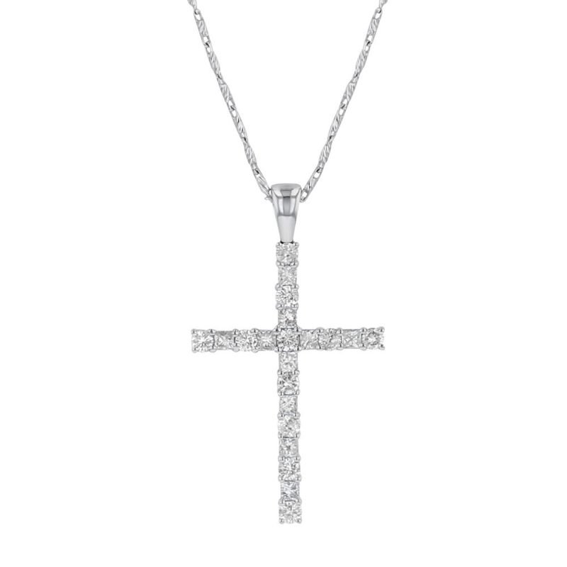 14K White Gold 0.75 carat Princess and Round Diamonds Straight Line Cross Pendant
