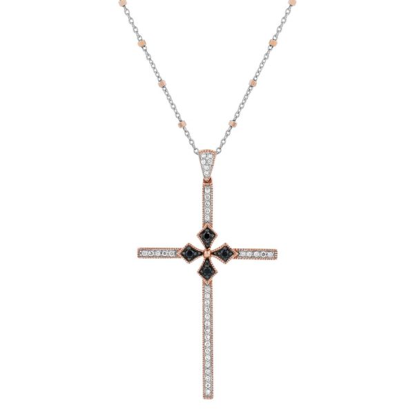 14K Rose Gold 0.33 carat Black and White Round Diamonds Cross Pendant