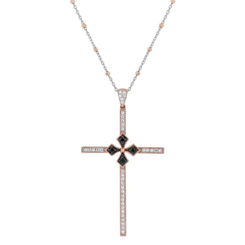 14K Rose Gold 0.33 carat Black and White Round Diamonds Cross Pendant