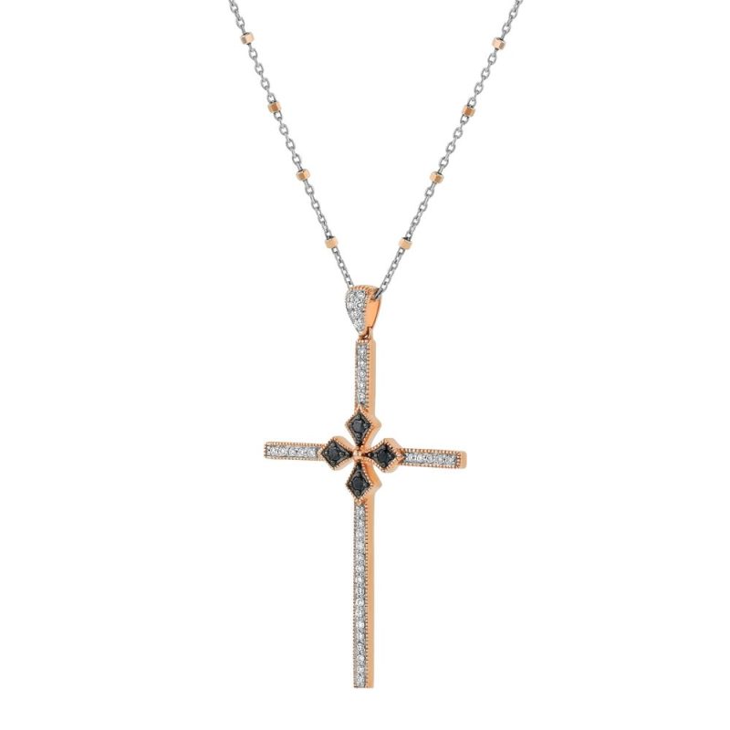 14K Rose Gold 0.33 carat Black and White Round Diamonds Cross Pendant - Image 2