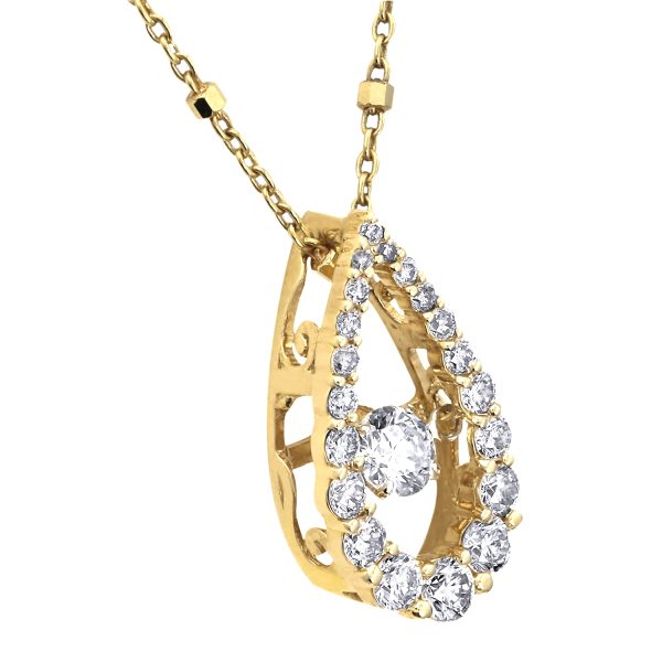 14K yellow Gold 0.70 carat Dancing Diamond Pear Shape Halo Necklace