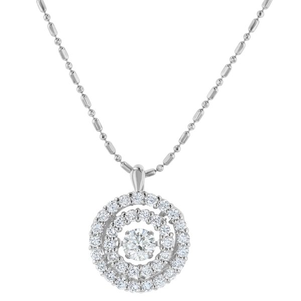 14K White Gold 1.0 carat Dancing Diamond Round Shape Double Halo Necklace