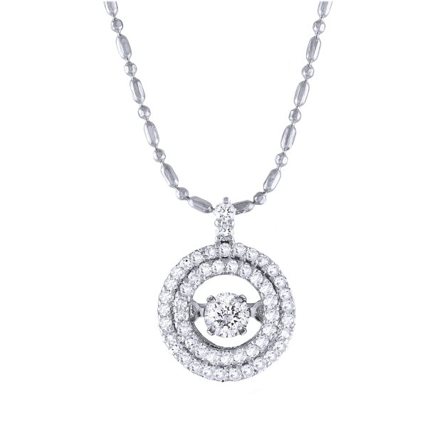 14K White Gold 0.40 carat Dancing Diamond Round Shape Double Halo Necklace