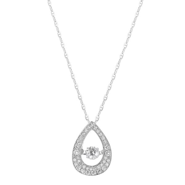 14K White Gold 0.40 carat Dancing Diamond Pear Shape Halo Necklace