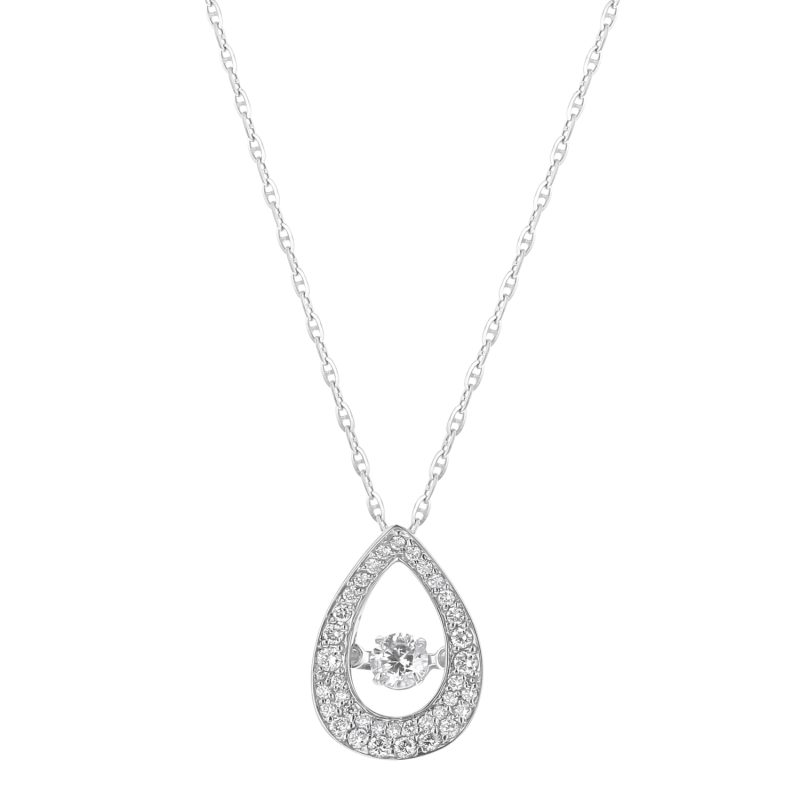 14K White Gold 0.40 carat Dancing Diamond Pear Shape Halo Necklace