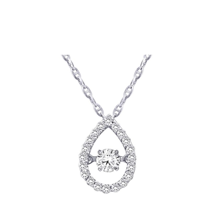 14K White Gold 0.30 carat Dancing Diamond Pear Shape Halo Necklace
