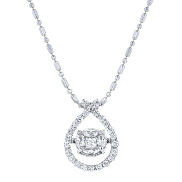 14K White Gold 0.50 carat Fusion Dancing Diamonds Pear Shape Halo Necklace
