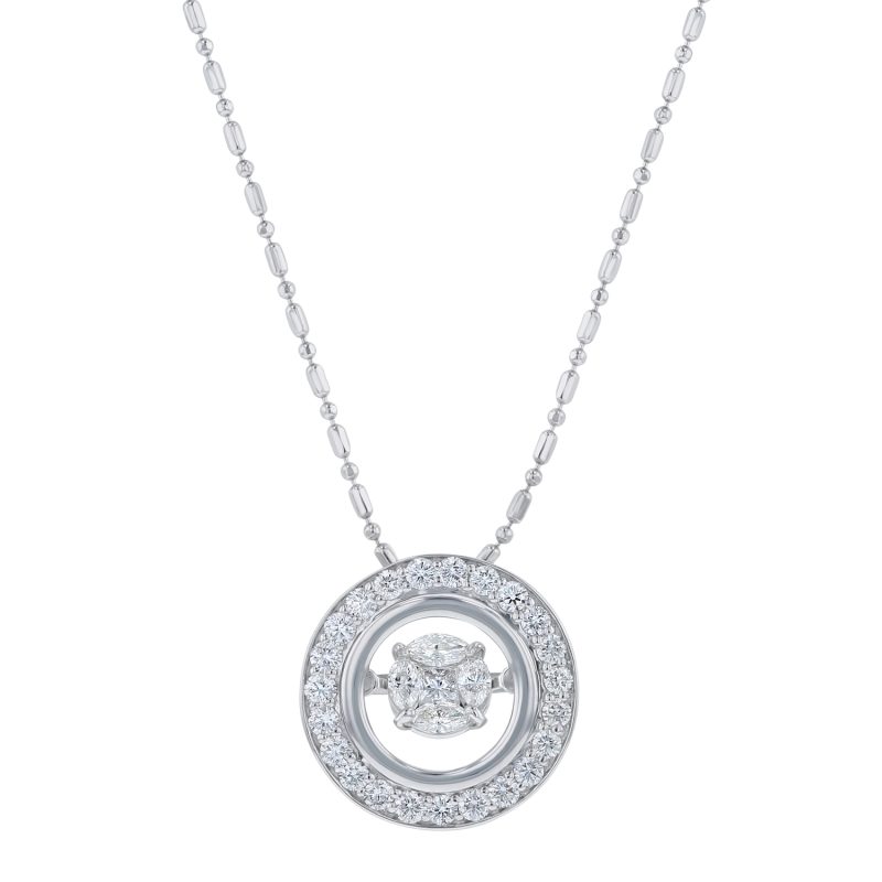 14K White Gold 0.75 carat Fusion Dancing Diamonds Round Shape Halo Necklace