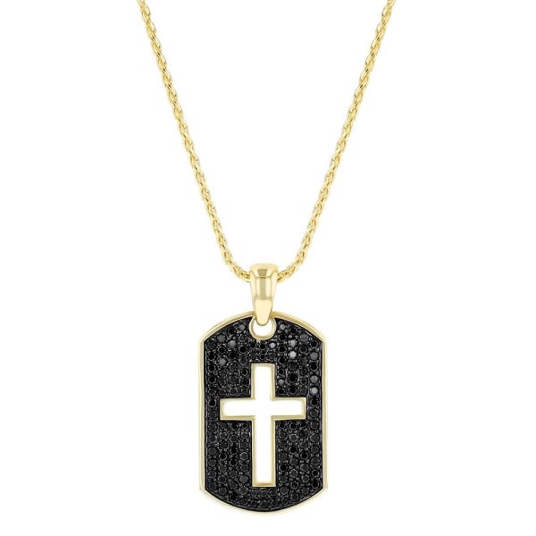 14K Yellow Gold 1.10 carats Black Diamonds Dog Tag Cross Pendant