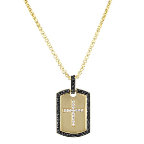 14K Yellow Gold 0.40 carat Black and White Diamonds Dog Tag Cross Pendant