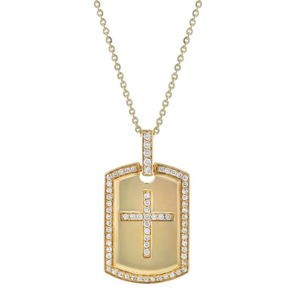 14K Yellow Gold 0.39 carat Diamonds Dog Tag Cross Pendant