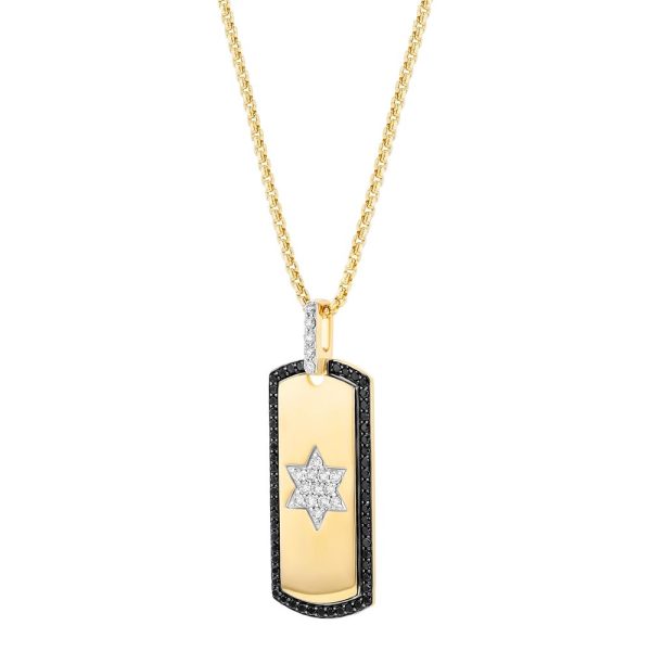 14K Yellow Gold 1.0 carat Black and White Diamonds Star of David Dog Tag Pendant