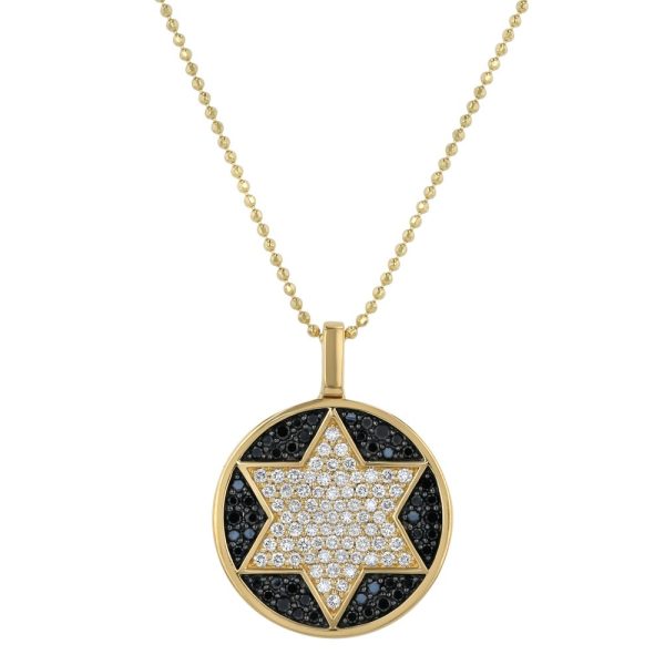 14K Yellow Gold 0.75 carat Black and White Diamonds Star of David Round Disk Pendant