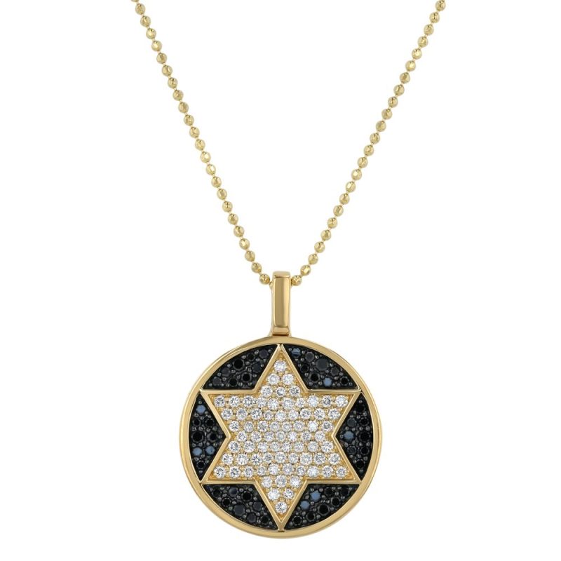 14K Yellow Gold 0.75 carat Black and White Diamonds Star of David Round Disk Pendant