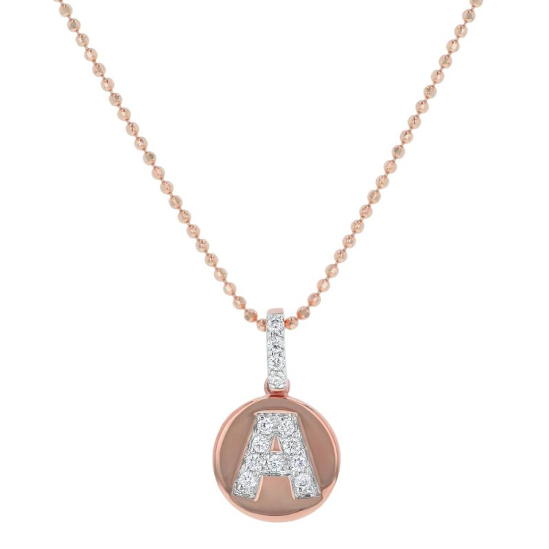 14K Rose Gold Letter "A" Round Disk Diamond Pendant