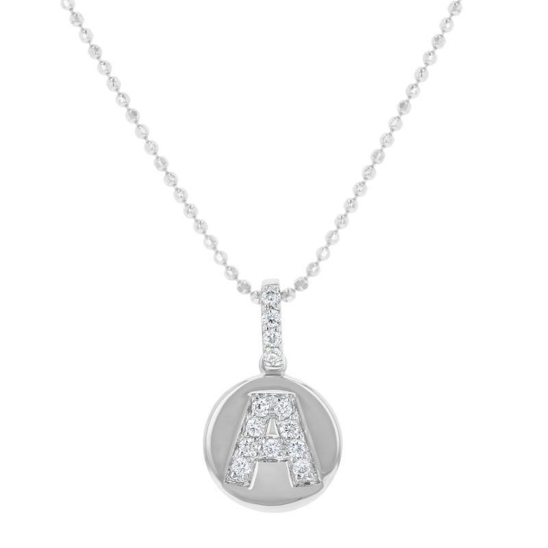 14K White Gold Letter "A" Round Disk Diamond Pendant