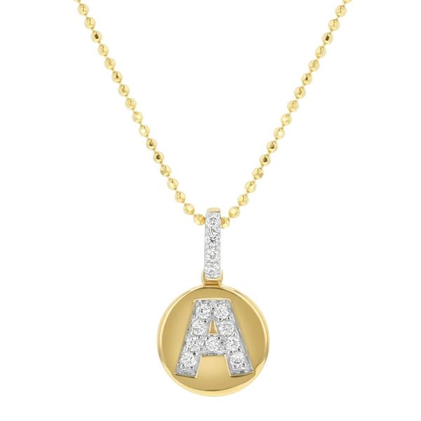 14K Yellow Gold Letter "A" Round Disk Diamond Pendant