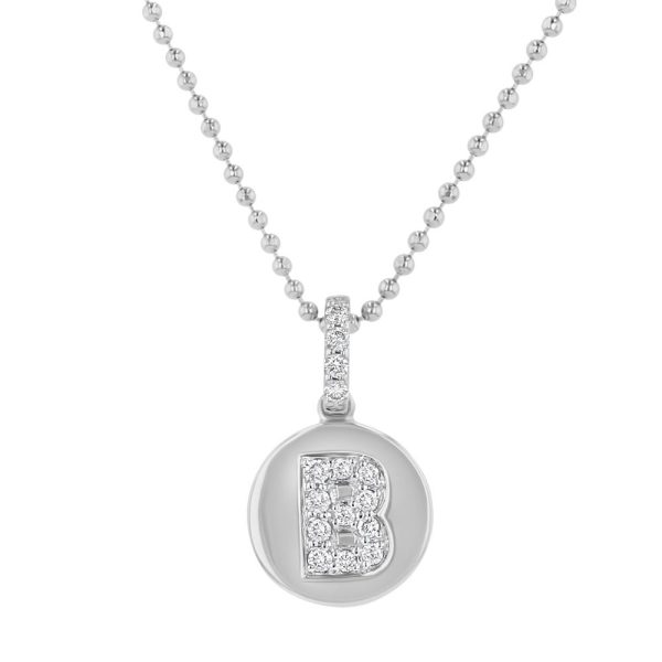 14K White Gold Letter "B" Round Disk Diamond Pendant