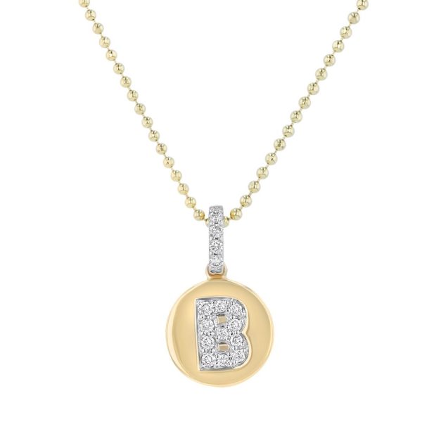 14K Yellow Gold Letter "B" Round Disk Diamond Pendant