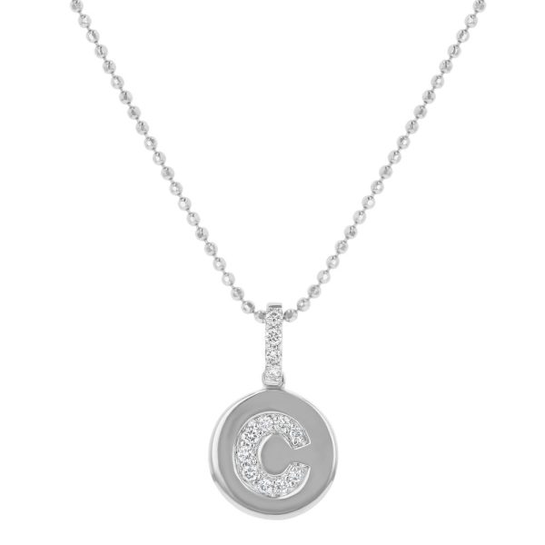 14K White Gold Letter "C" Round Disk Diamond Pendant