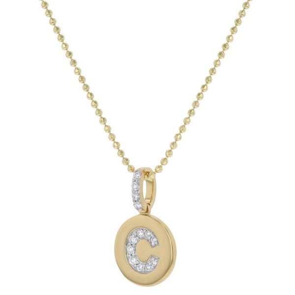 14K Yellow Gold Letter "C" Round Disk Diamond Pendant