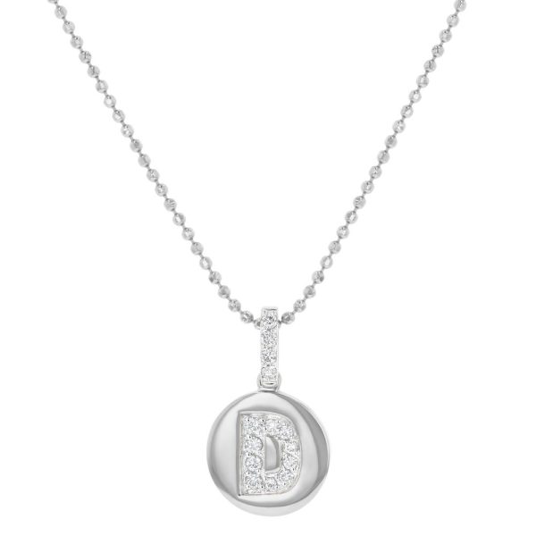 14K White Gold Letter "D" Round Disk Diamond Pendant