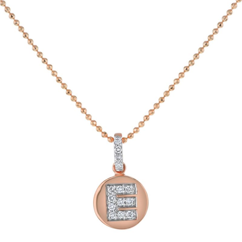 14K Rose Gold Letter "E" Round Disk Diamond Pendant