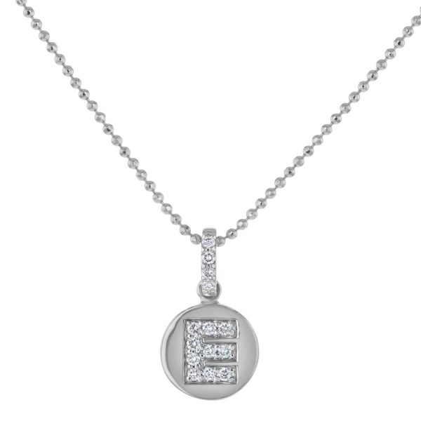 14K White Gold Letter "E" Round Disk Diamond Pendant