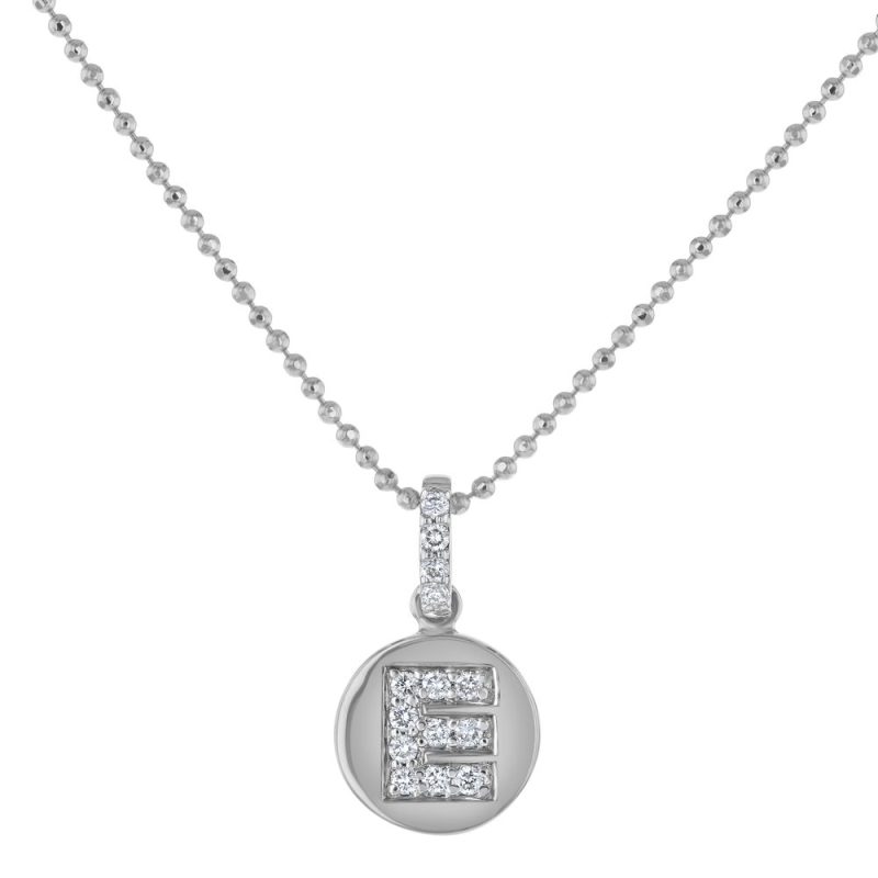 14K White Gold Letter "E" Round Disk Diamond Pendant