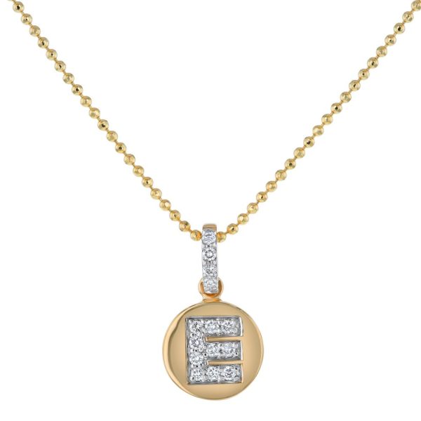 14K Yellow Gold Letter "E" Round Disk Diamond Pendant