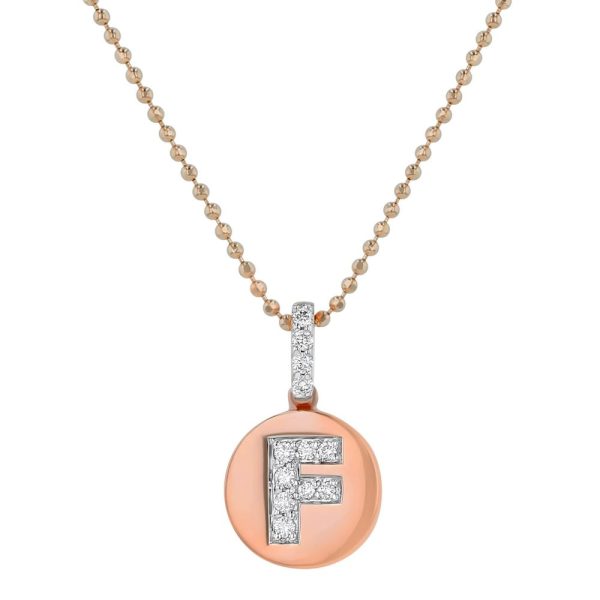 14K Rose Gold Letter "F" Round Disk Diamond Pendant