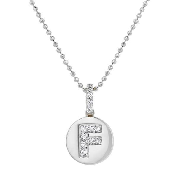 14K White Gold Letter "F" Round Disk Diamond Pendant