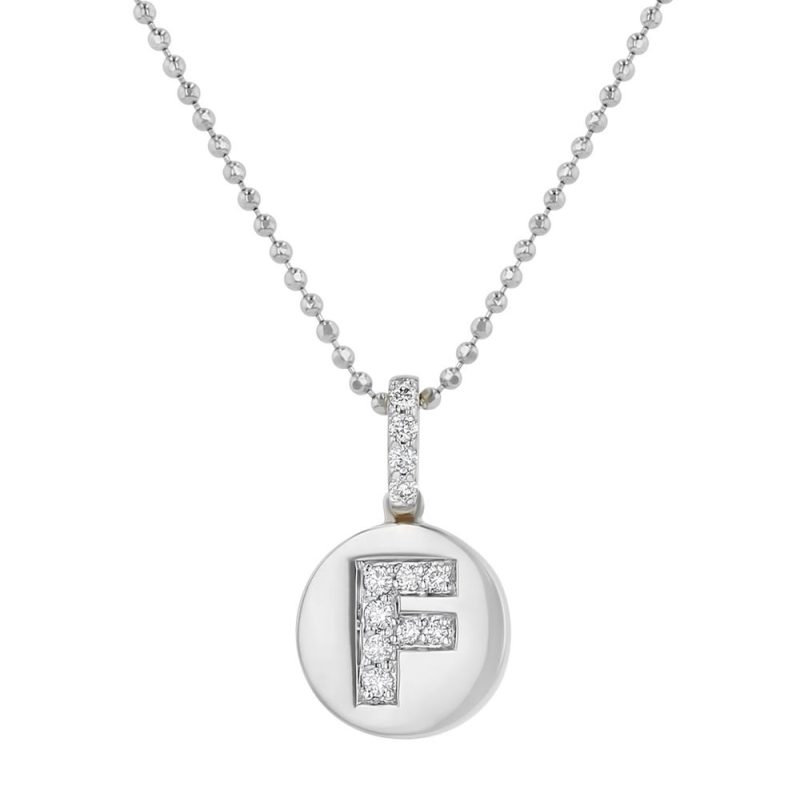 14K White Gold Letter "F" Round Disk Diamond Pendant