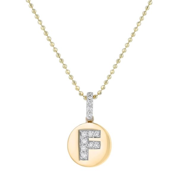 14K Yellow Gold Letter "F" Round Disk Diamond Pendant
