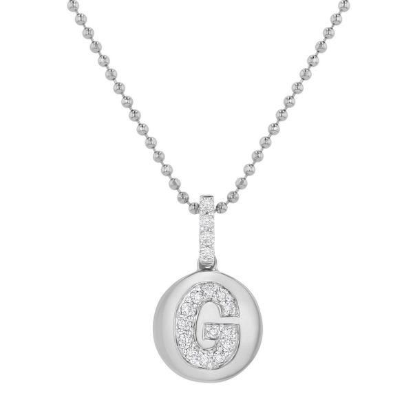14K White Gold Letter "G" Round Disk Diamond Pendant
