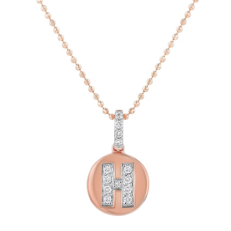 14K Rose Gold Letter "H" Round Disk Diamond Pendant