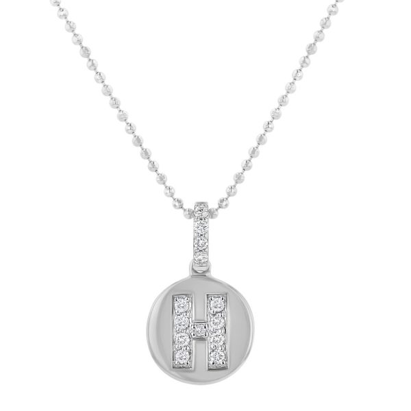 14K White Gold Letter "H" Round Disk Diamond Pendant
