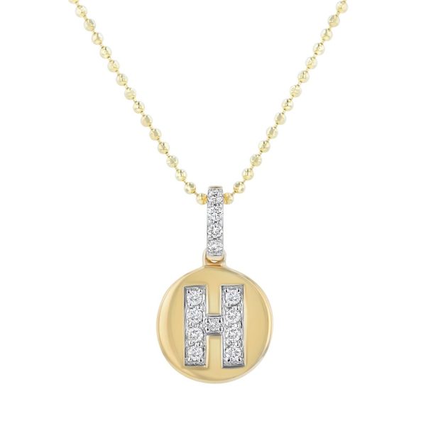 14K Yellow Gold Letter "H" Round Disk Diamond Pendant