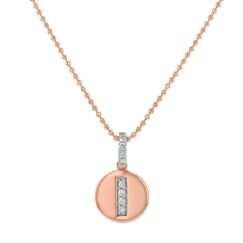 14K Rose Gold Letter "I" Round Disk Diamond Pendant