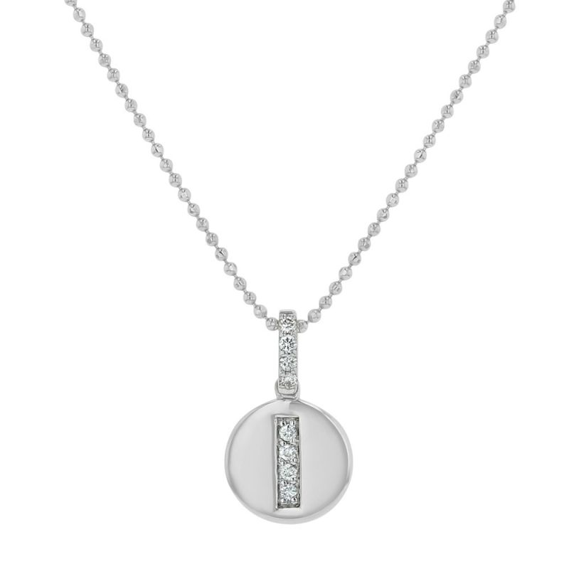 14K White Gold Letter "I" Round Disk Diamond Pendant