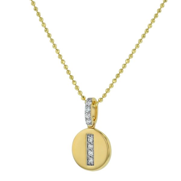14K Yellow Gold Letter "I" Round Disk Diamond Pendant
