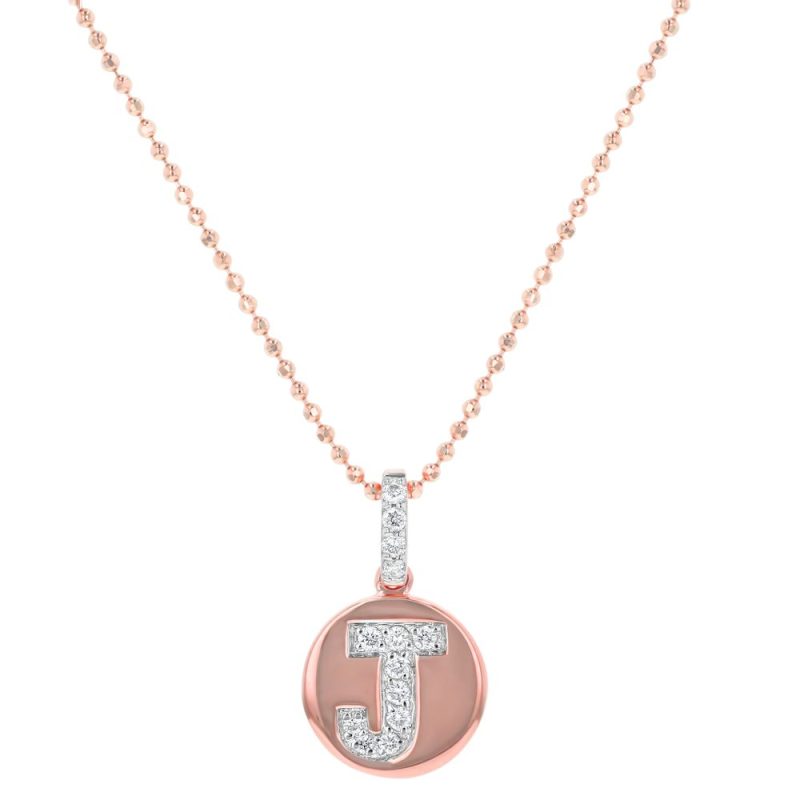 14K Rose Gold Letter "J" Round Disk Diamond Pendant