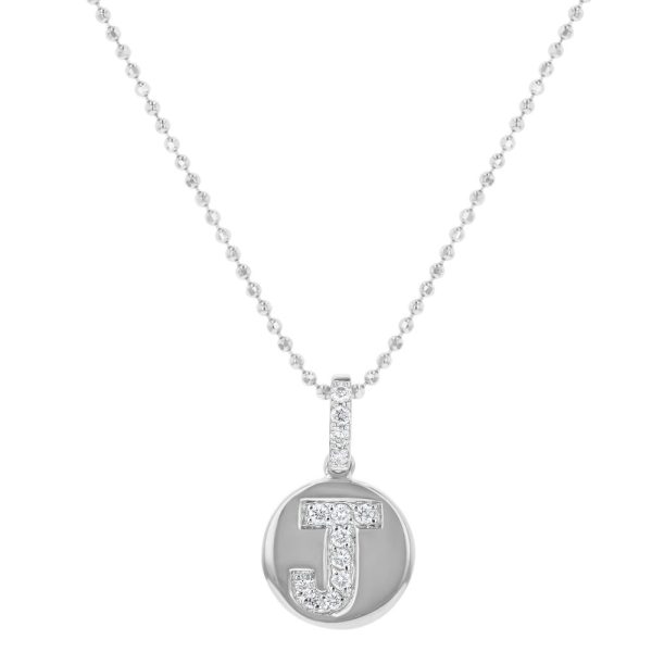 14K White Gold Letter "J" Round Disk Diamond Pendant