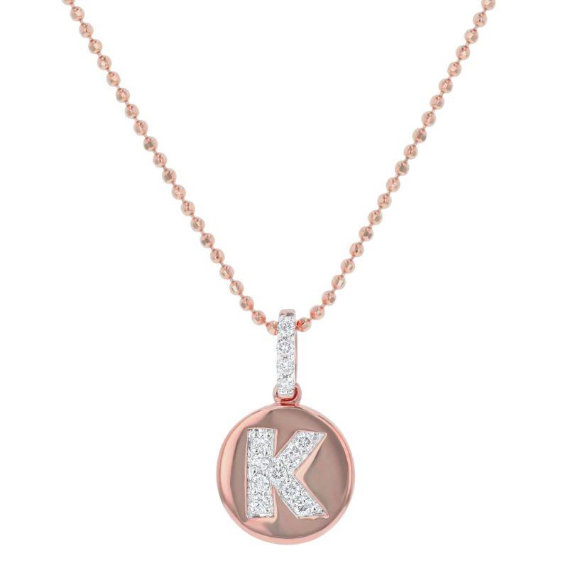 14K Rose Gold Letter "K" Round Disk Diamond Pendant
