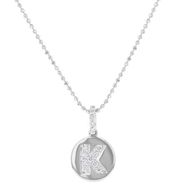 14K White Gold Letter "K" Round Disk Diamond Pendant